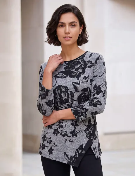 Roman Floral Collared Scarf Detail Top Grey Mix