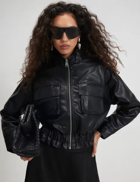 River Island Faux Leather Funnel Neck Jacket Black