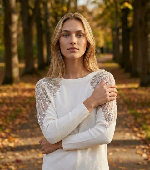 Women's White Embellished Shoulder Jumper