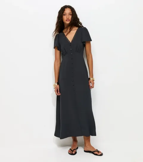 Women's Black Lace Trim Midi Tea Dress
