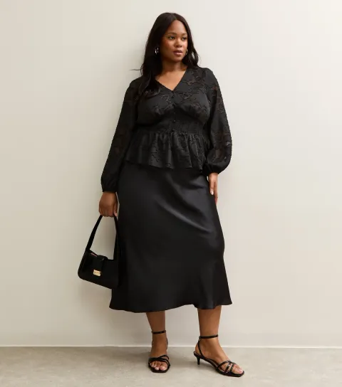 Women's Plus Size Black Satin Bias Cut Midi Skirt Curves