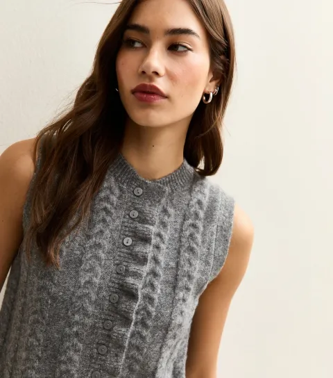 Women's Grey Cable Knit Frill Trimmed Waistcoat