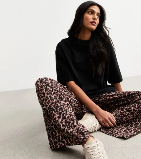 Women's Brown Textured Animal Print Wide Leg Trousers