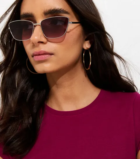 Silver Tone Purple Square Frame Gradient Sunglasses