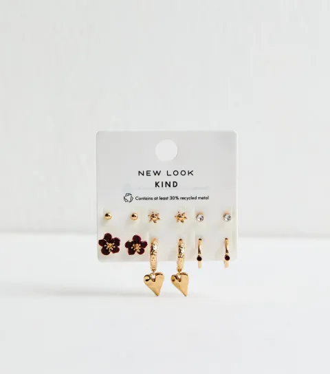 Pack of 6 Gold Tone and Burgundy Flower Heart Earrings