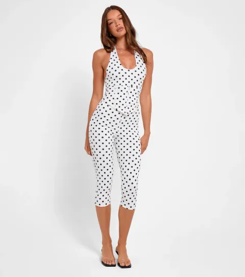 Women's White Polka Dot Slinky Capri Leggings