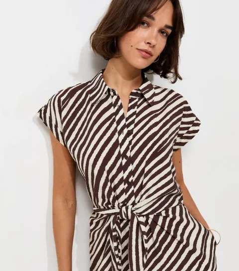 Women's Brown Striped Tie Short Sleeve Midi Shirt Dress