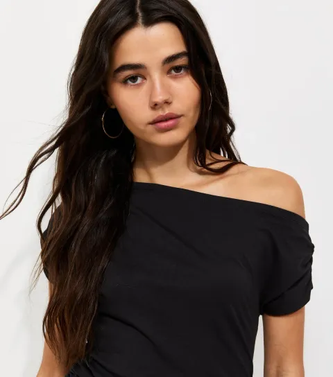 Women's Black Cotton Jersey Off the Shoulder Ruched Top