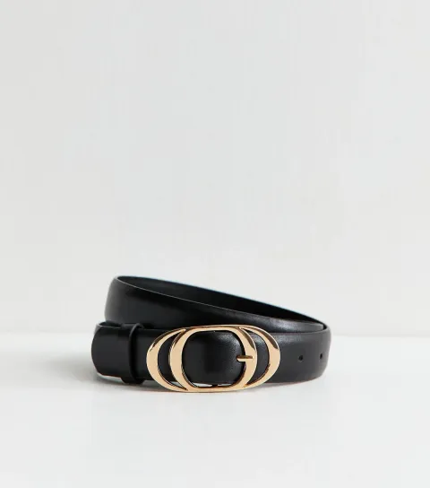 Black Faux Leather Layered Oval Buckle Belt