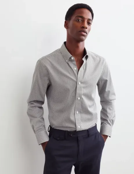 Jaeger Regular Fit Pure Cotton Gingham Luxury Shirt Dark Khaki