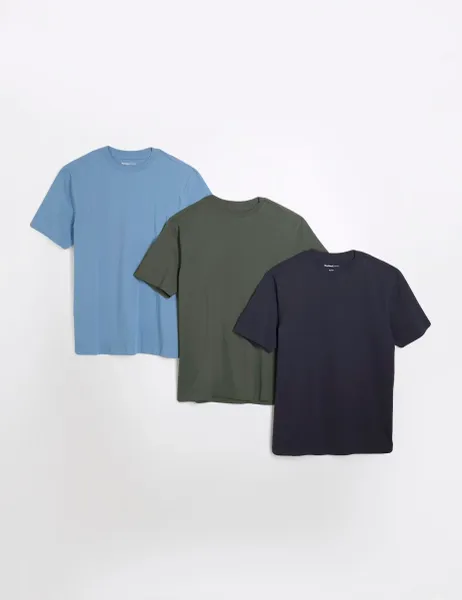 River Island 3 Pack Slim Fit Pure Cotton T-Shirts Navy