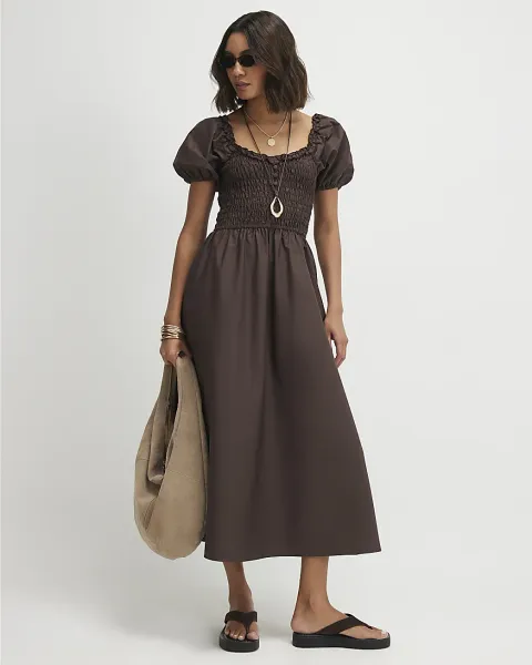 River Island Cotton Shirred Midi Dress