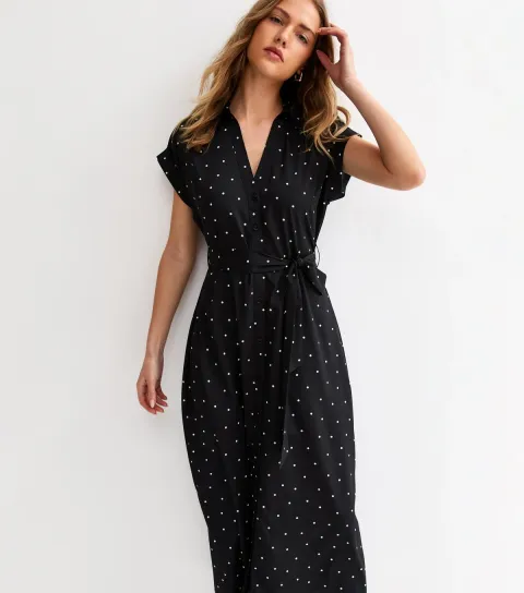 Women's Black Crepe Dot Print Collared Short Sleeve Midi Dress