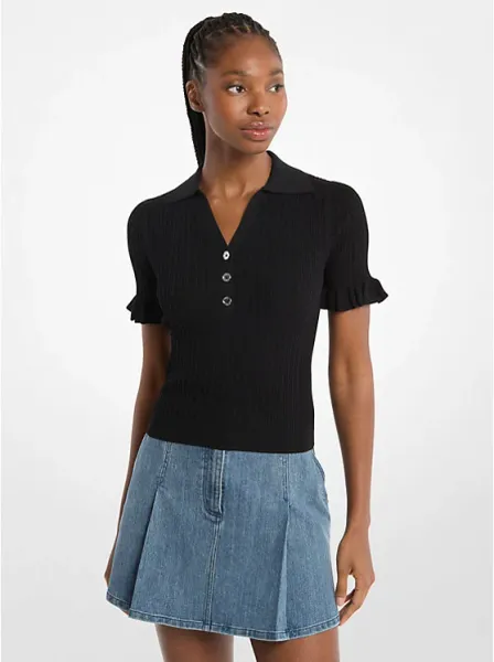 Knit Ruffle-Sleeve Polo Top