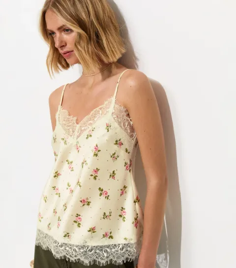 Women's Cream Satin Floral Lace Trim Cami Top