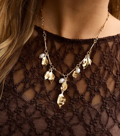 Gold Tone Leaf and Faux Pearl Necklace