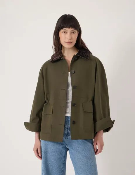 HUSH Cotton Rich Oversized Collared Barn Jacket Khaki