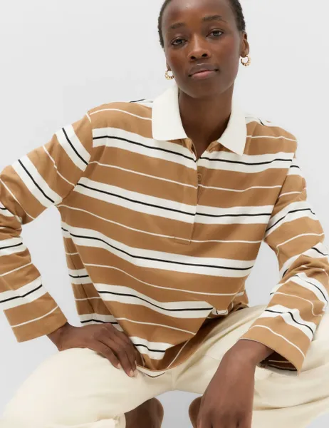 Marks & Spencer Pure Cotton Rugby Polo Top Brown Mix