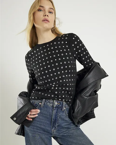 River Island Knit Long Sleeve Studded Top