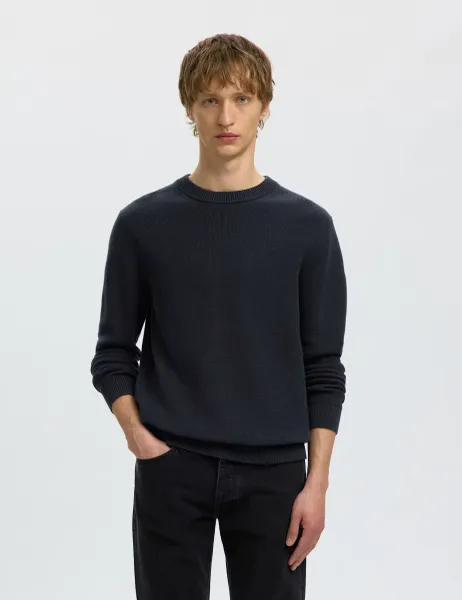 Selected Pure Cotton Textured Crew Neck Jumper Navy