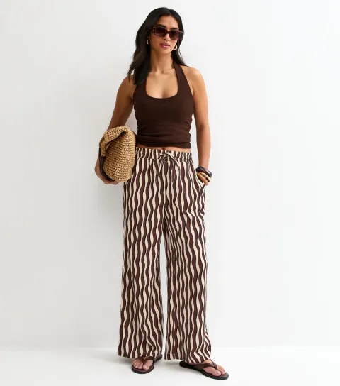 New Look Women's Petite Dark Brown Wave Crinkle Jersey Wide Leg Trousers