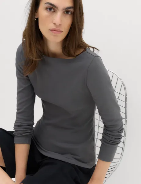 Marks & Spencer Cotton Rich Premium Slash Neck Top Dark Grey