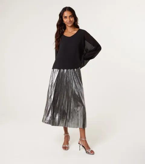 Women's Silver Metallic Pleated Midi Skirt