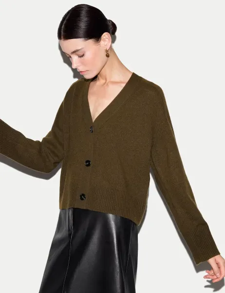 Jigsaw Merino Wool Rich V Neck Relaxed Cardigan with Cashmere Khaki