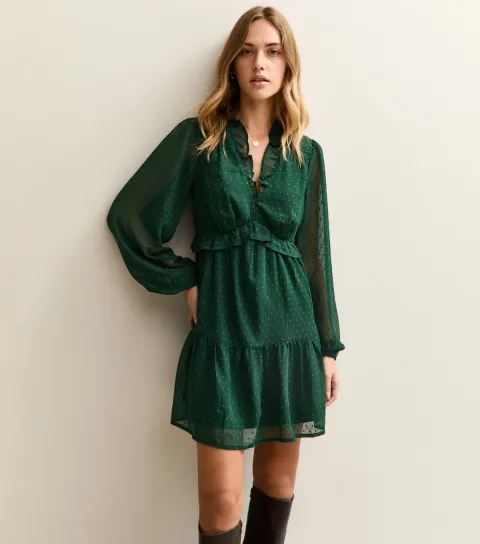 Women's Dark Green Dobby Frill Mini Dress