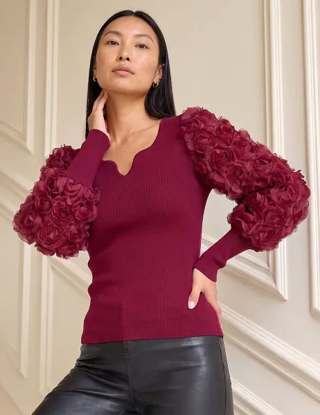Roman Lace Sleeve V Neck Knitted Top Burgundy Mix