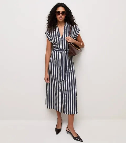 Women's Navy and White Crepe Stripe Collar Short Sleeve Midi Dress