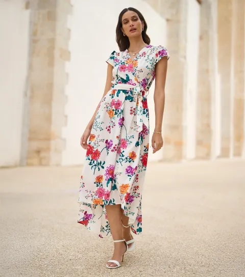 Women's White Floral Print Wrap Front Belted Midi Dress