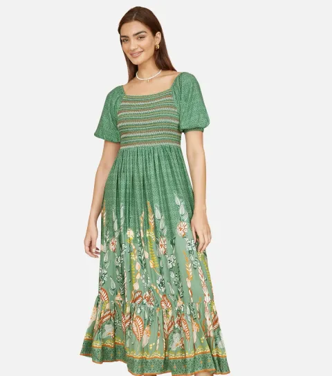 Women's Green Leaf Print Milkmaid Dress