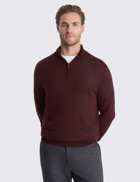 Moss Merino Wool Rich Half Zip Jumper Dark Red