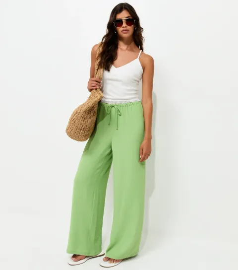 Women's Light Green Drawstring Waist Wide Leg Trousers