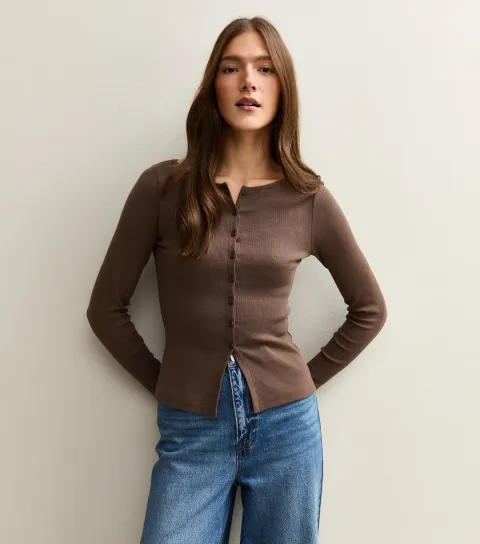 Women's Dark Brown Rib Button Up Long Sleeve Top