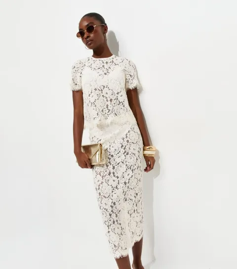 Women's Off White Lace Midi Skirt
