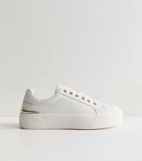 Women's White and Gold Platform Trainers