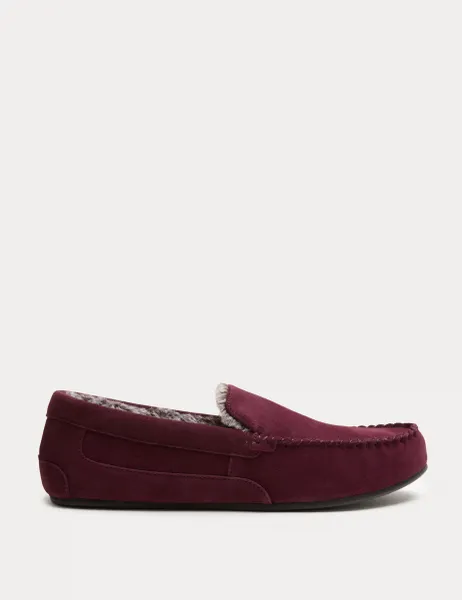 Marks & Spencer Suede Fleece Lined Moccasin Slippers Burgundy