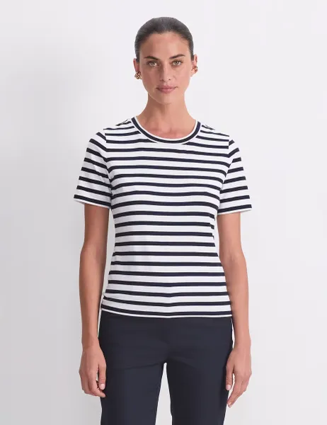 Sportscraft Cotton Rich Striped Crew Neck T-Shirt Navy Mix