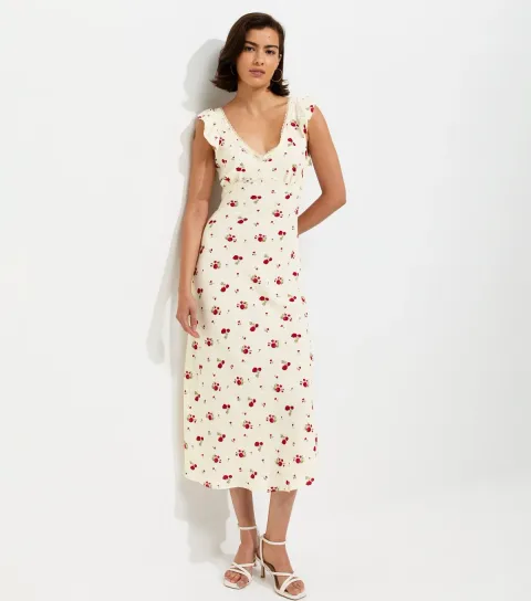 Women's Cream Rose Print Lace Trim Tea Midi Dress