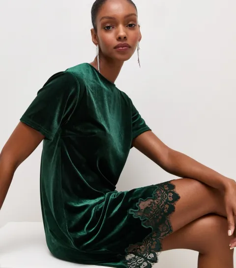 New Look Women's Dark Green Velvet Lace Trim T-Shirt Mini Dress