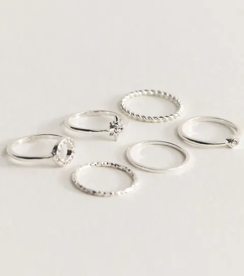 Pack of 6 Silver Tone Diamant?� Stackable Rings