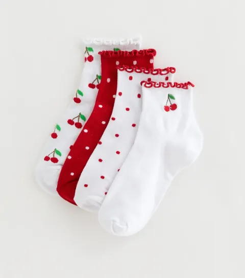 Pack of 4 Red Frill Top Cherry Pattern Trainer Socks
