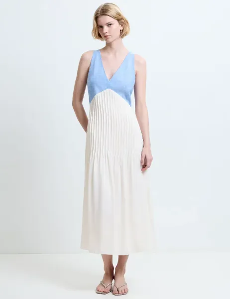 French Connection Pure Cotton Colour Block Midi Skater Dress Light Blue Mix