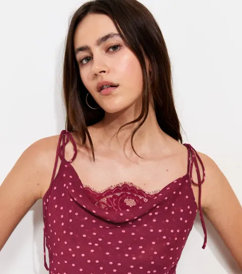 Women's Red Polka Dot Print Chiffon Lace Trim Midi Dress