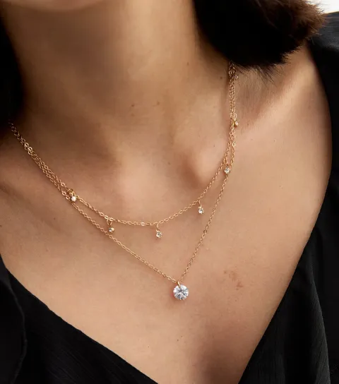 New Look Gold Tone Double Chain Cubic Zirconia Charm Necklace