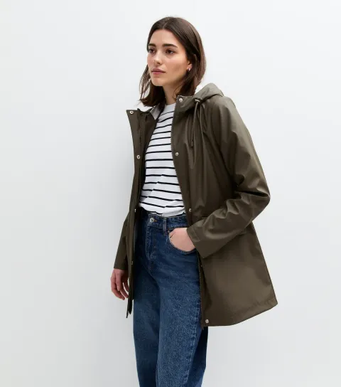 Women's Khaki Green Unlined Shower Resistant Rain Coat