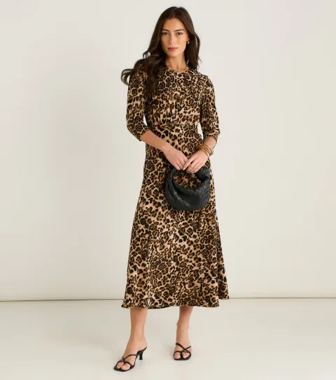 Gini London Women's Leopard Print 3/4 Sleeve Midi Dress