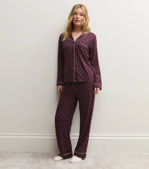 New Look Women's Burgundy Jersey Polka Dot Shirt and Trousers Pyjama Set
